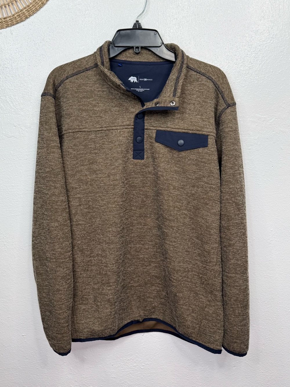 Onward Reserve Mens Pullover Sweater Brown Heather Snap Mock Neck Size L